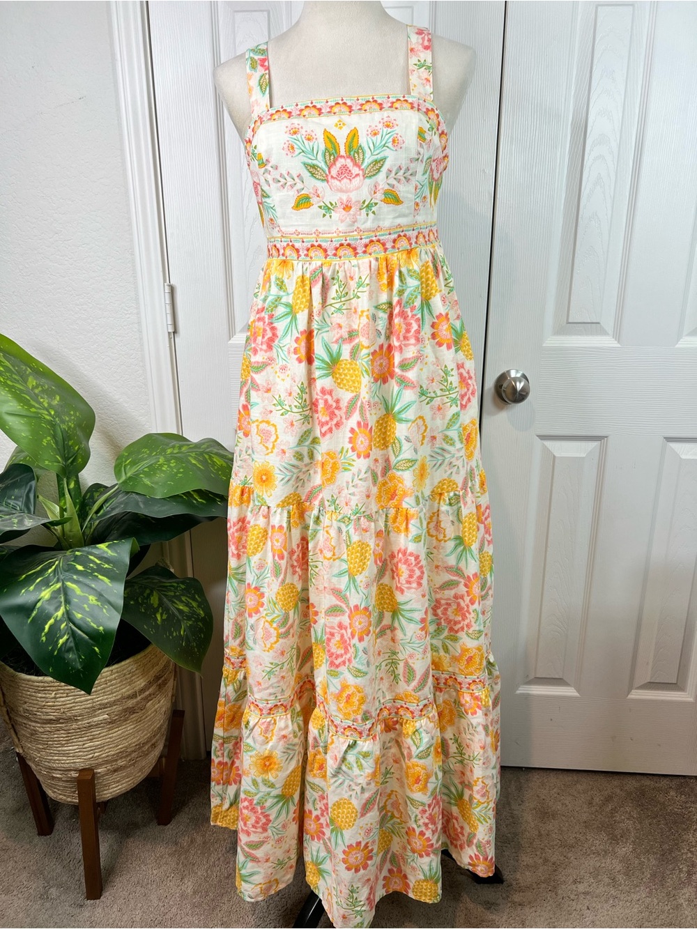 Rachel Zoe - pineapple Floral Embroidered Tierred Small Maxi Dress Size 4